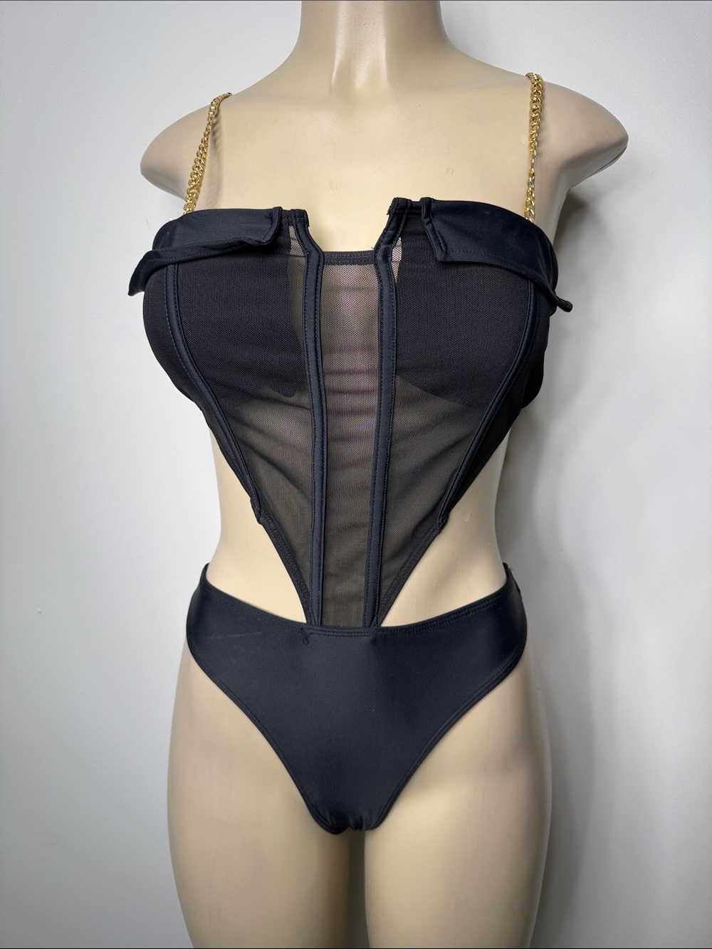 SHEIN Black Mesh Corset One-Piece with Gold Chain Straps
